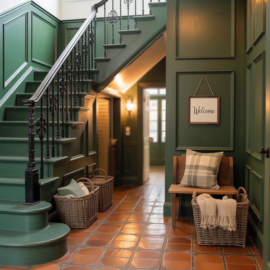 Staircase or mudroom with Sherwin Williams Dard Hunter Green, paired with black hardware, patterned tile floors, and rustic baskets, creating a rich, welcoming environment.