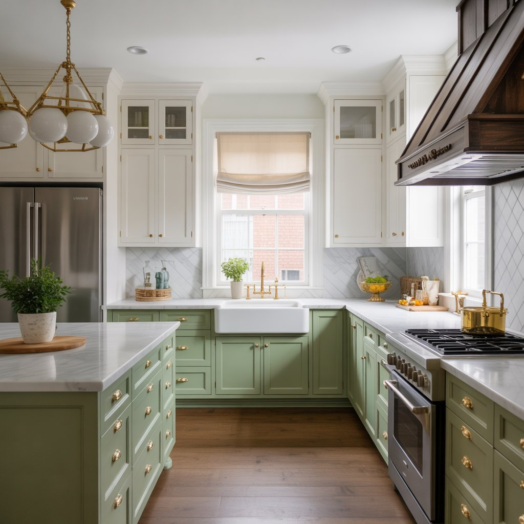 Kitchen with Sherwin Williams Isle of Pines green lower cabinets, paired with white upper cabinets, marble countertops, and gold hardware, offering a luxurious twist on classic style.