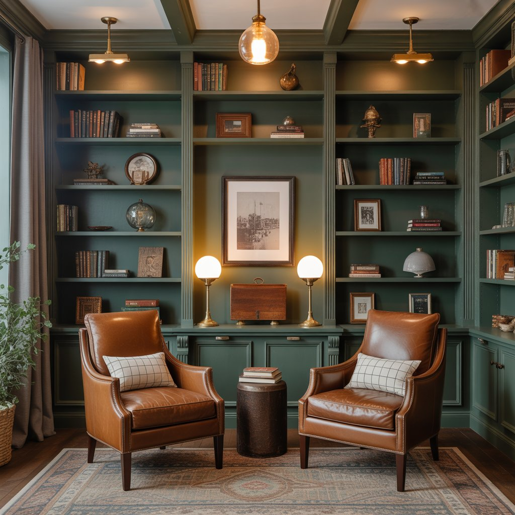 Study or bookshelf with Benjamin Moore Essex Green, a nearly black-green, styled with leather chairs, globe lamps, and antique-inspired hardware for an old-school library feel.
