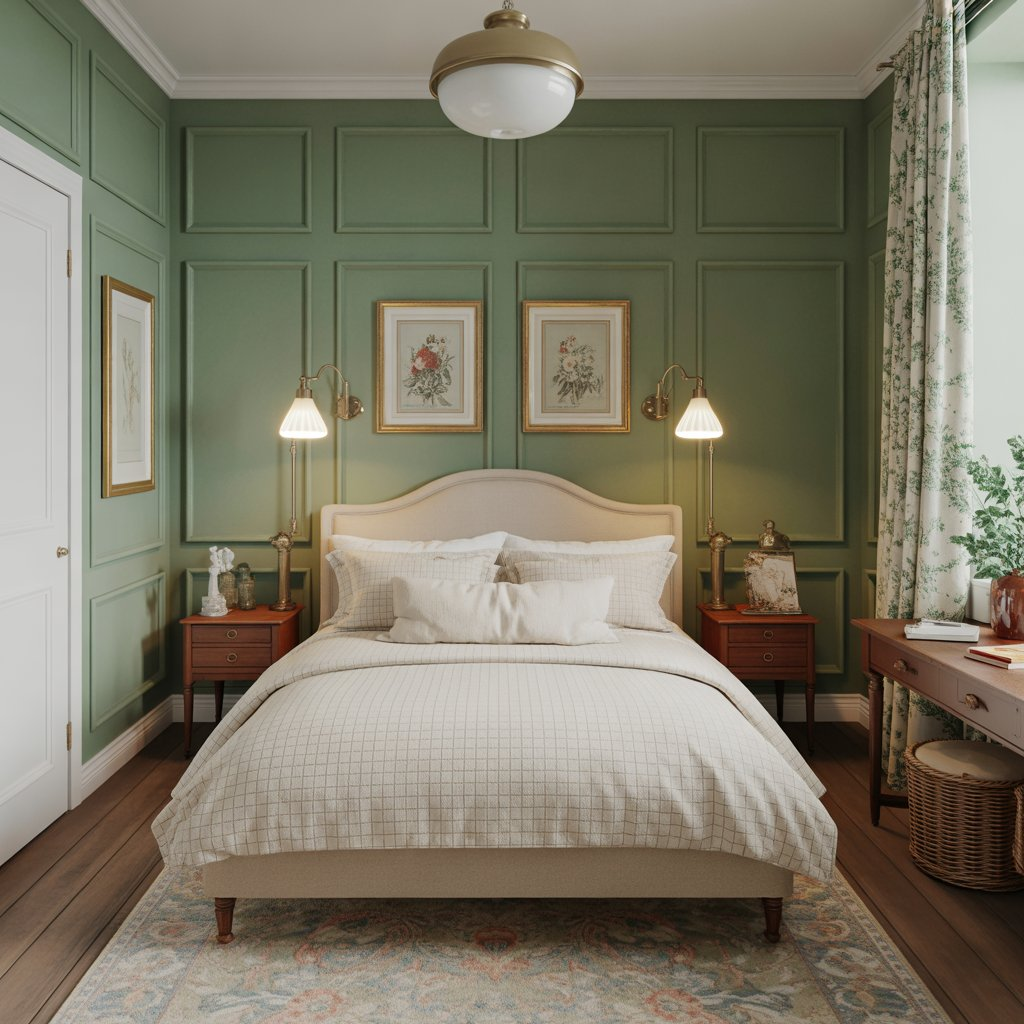 Guest bedroom or reading nook with Farrow & Ball Card Room Green, complemented by cream bedding, vintage floral prints, and warm wood tones, creating a refined and classic look.
