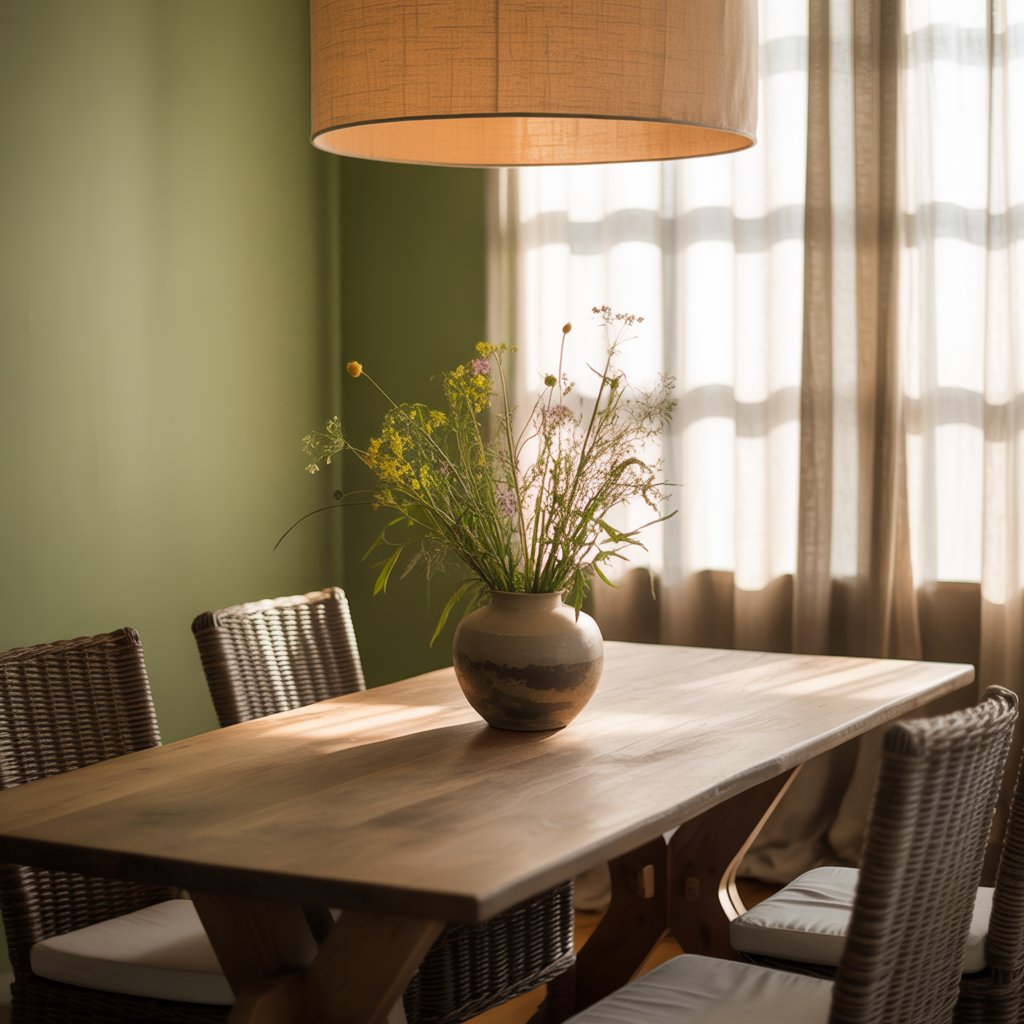 Dining area with Sherwin Williams Basil green accent walls, paired with a wood dining table, wicker chairs, and oversized pendant lighting, creating a cozy, organic space.