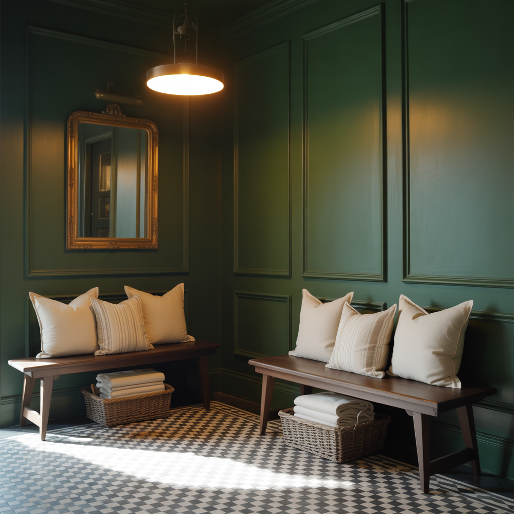 Entryway or foyer with Benjamin Moore Regent Green walls, complemented by patterned floor tiles, dark wood benches, and neutral decor for a bold and sophisticated entrance.