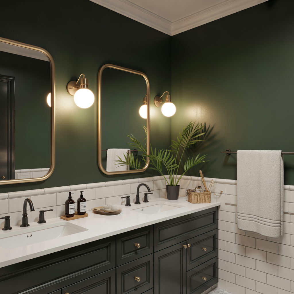 Bathroom or powder room with Behr Meteorological stormy green walls, accented with brass mirrors, black fixtures, and plush white towels, creating a dramatic yet cozy feel.