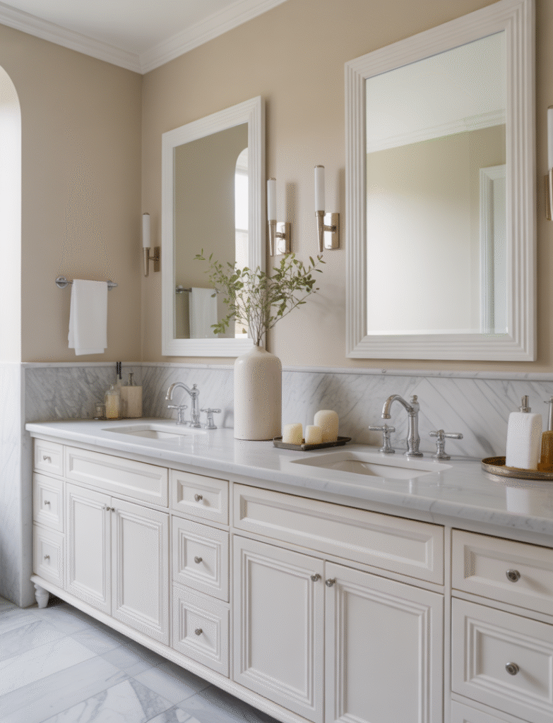 Double vanity in a bathroom with white Carrara or Calacatta marble countertops, paired with a marble backsplash for seamless luxury.