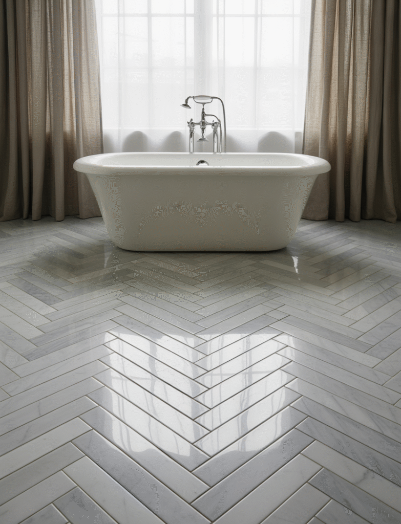Bathroom with marble tiles arranged in a herringbone pattern on the floor, highlighted by soft gray or white grout that accentuates the classic charm of the pattern.