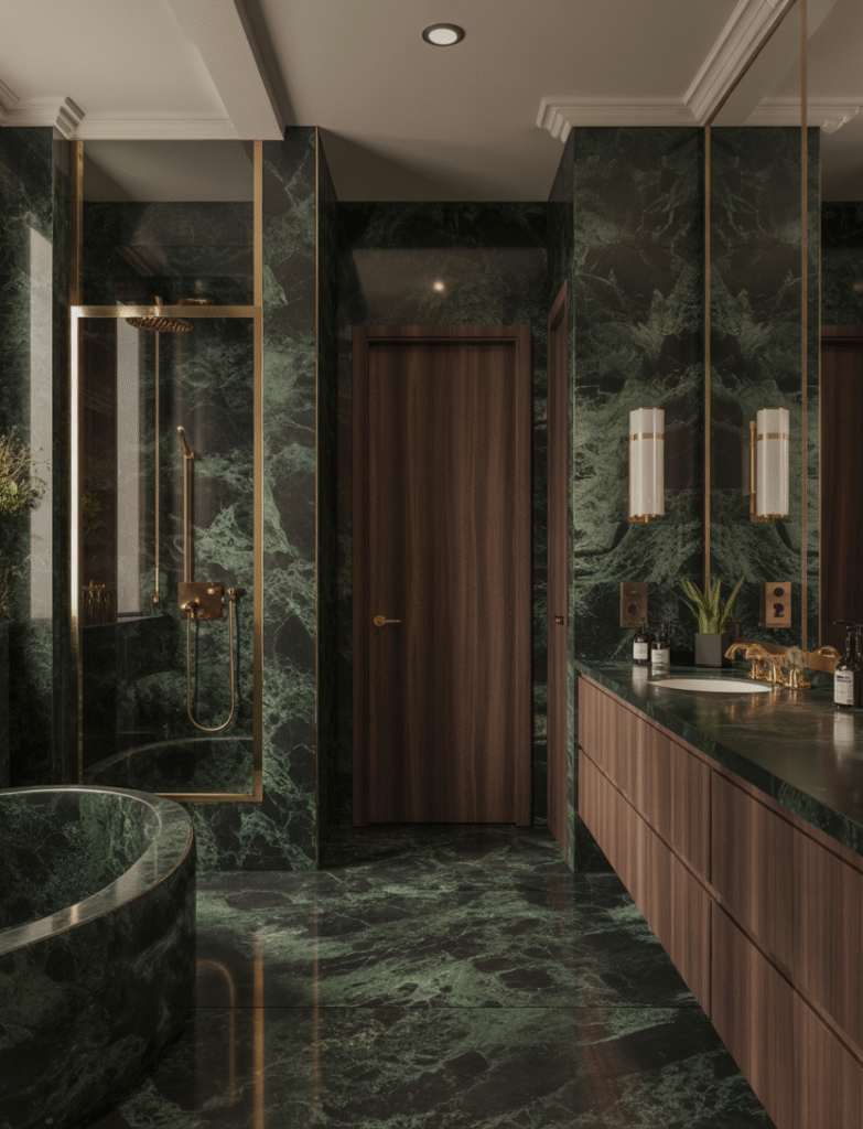 Bathroom with deep green, black, or charcoal marble walls, paired with gold or brass fixtures and rich wood cabinetry for a moody and sophisticated feel.