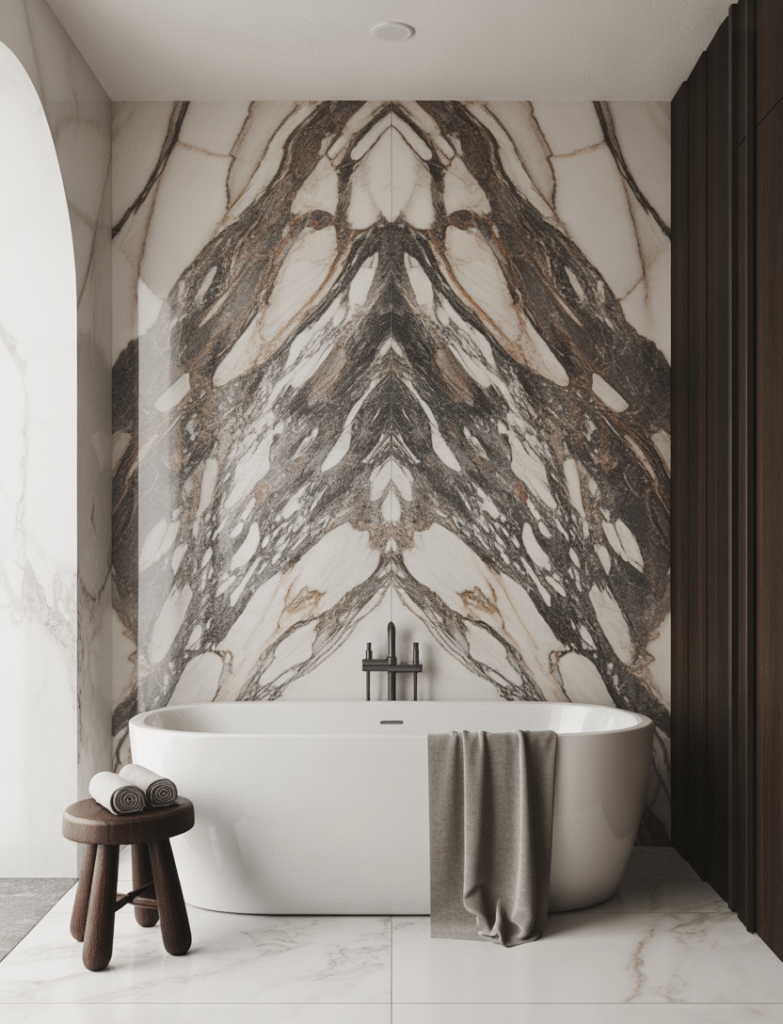 Bathroom with a large slab of marble installed as an accent wall behind a freestanding tub, complemented by minimal decor to make the marble the focal point.

