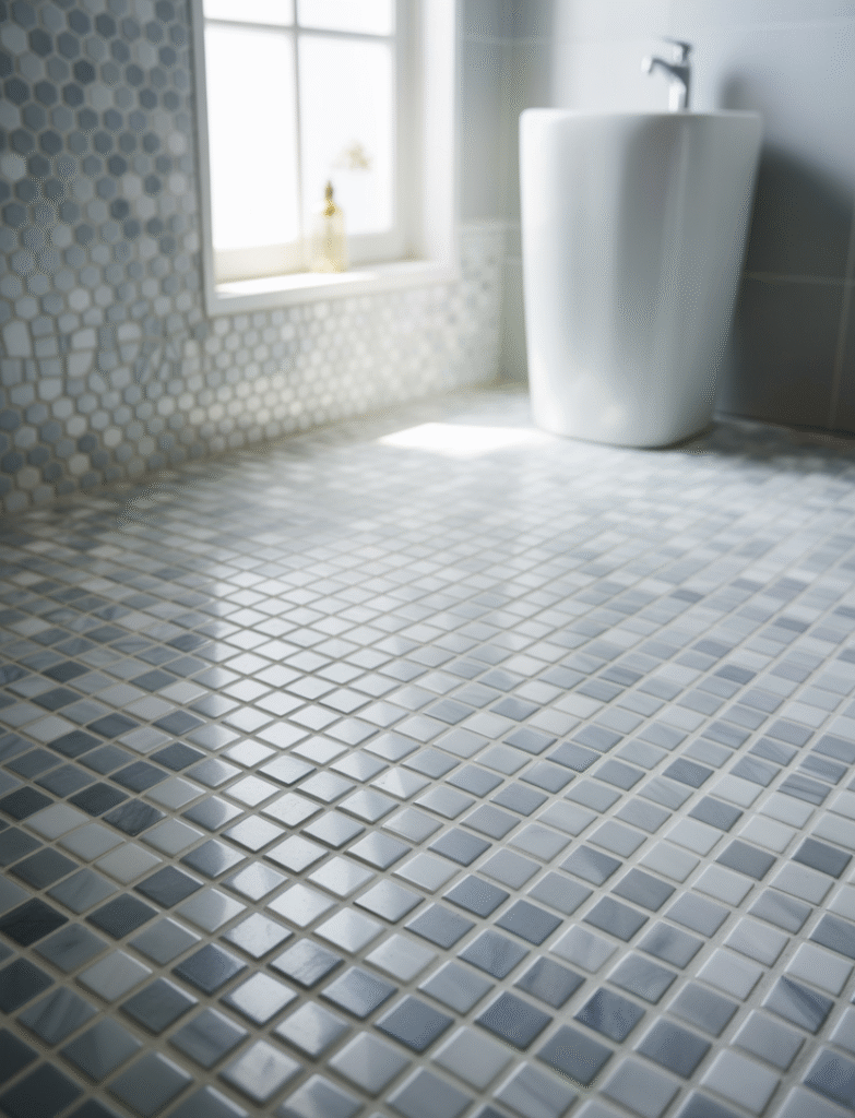 Bathroom with mosaic marble tiles in the shower or floor, mixing shades of white, gray, and subtle blues for a luxurious layered effect.