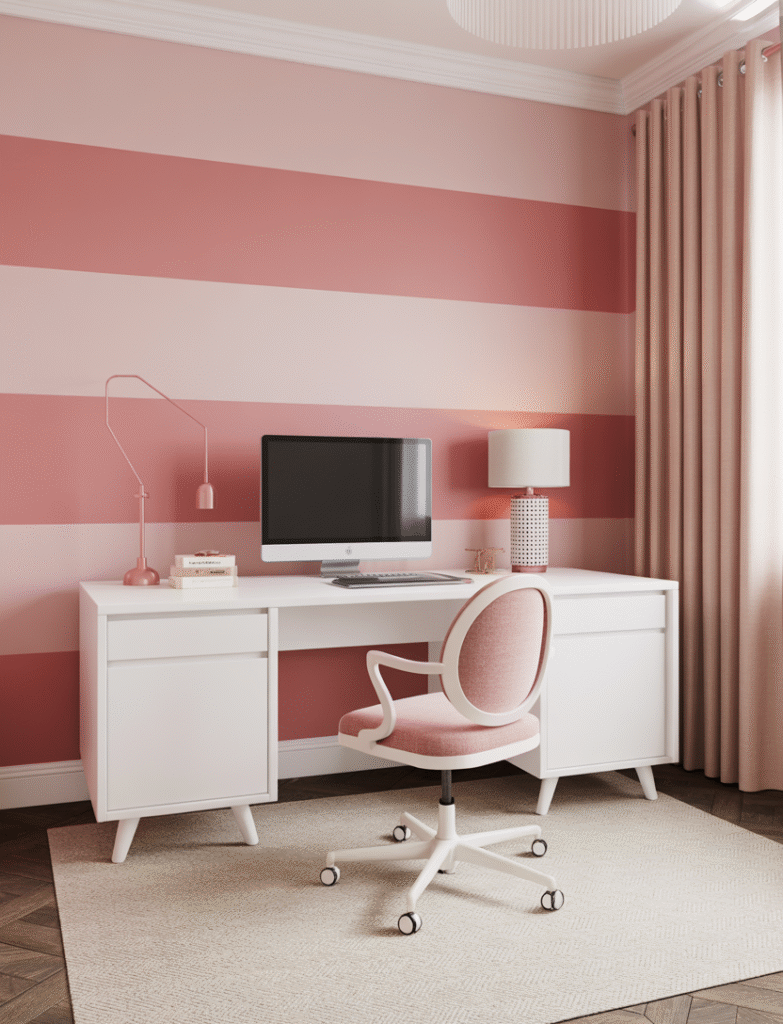 Accent wall painted with wide pink stripes behind a white desk, offering a modern, playful design feature.
