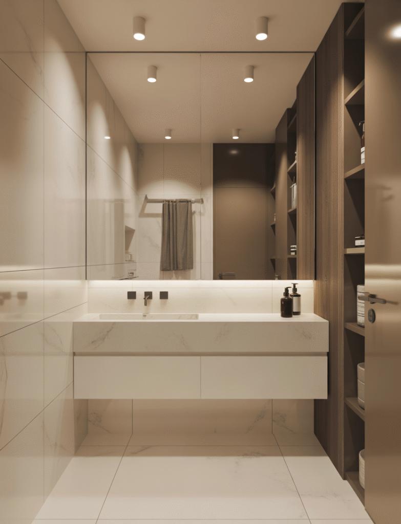 Bathroom with an integrated marble sink basin that gives a sleek, contemporary look, paired with minimalist faucets and floating vanities.