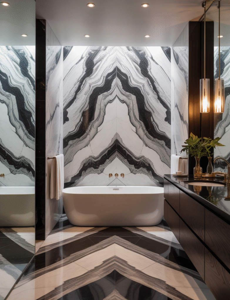 Bathroom with bookmatched marble slabs on the walls, showcasing mirrored veining for a dramatic, artistic statement, perfect for larger spaces or behind a soaking tub.