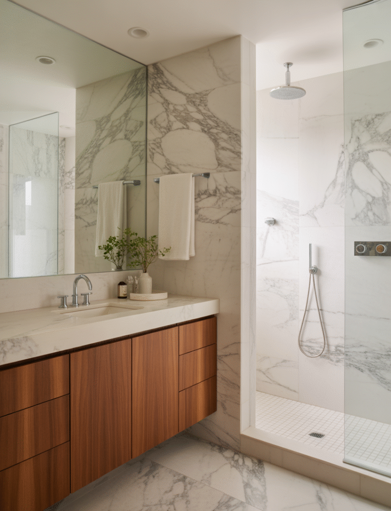 Bathroom with marble countertops and warm wood cabinetry, creating a balanced, organic look. The natural veining of the marble is complemented by the warmth of the wood finishes.