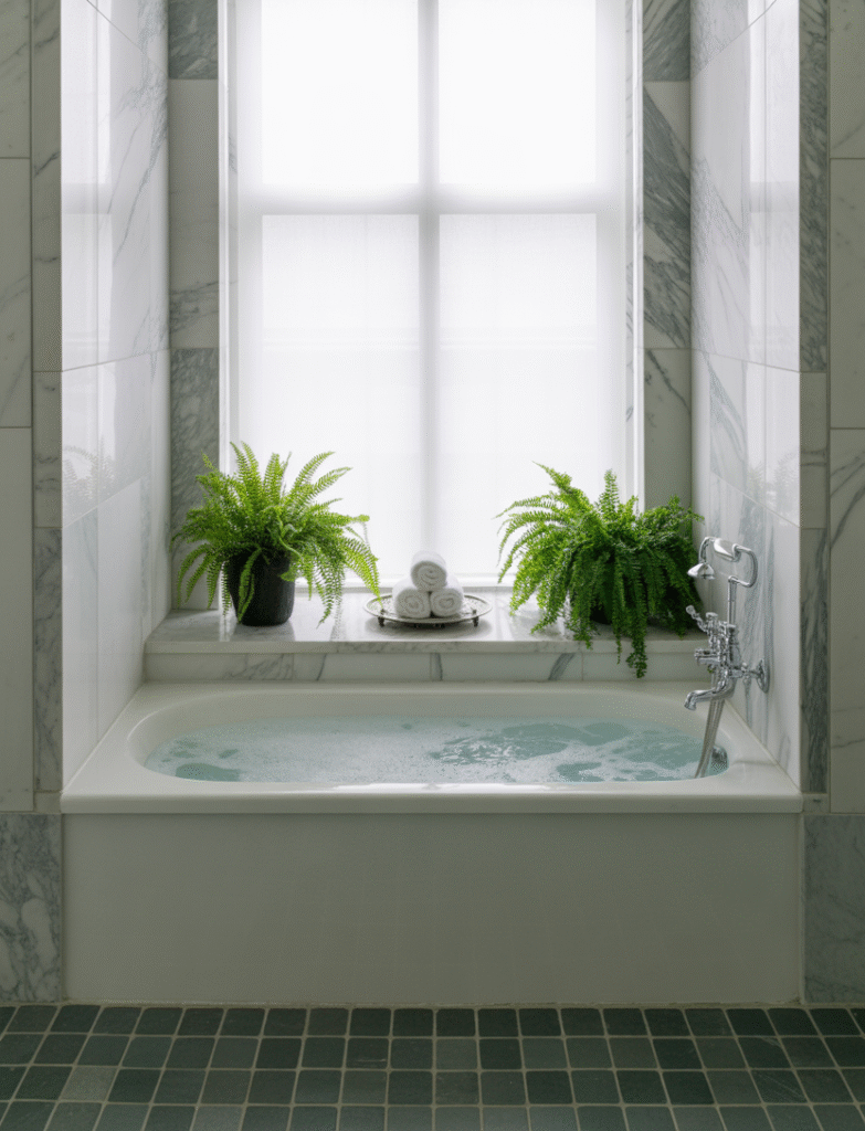 Bathroom with marble window sills or ledges, with potted plants or small decorative trays adding charm and carrying the marble throughout the space.