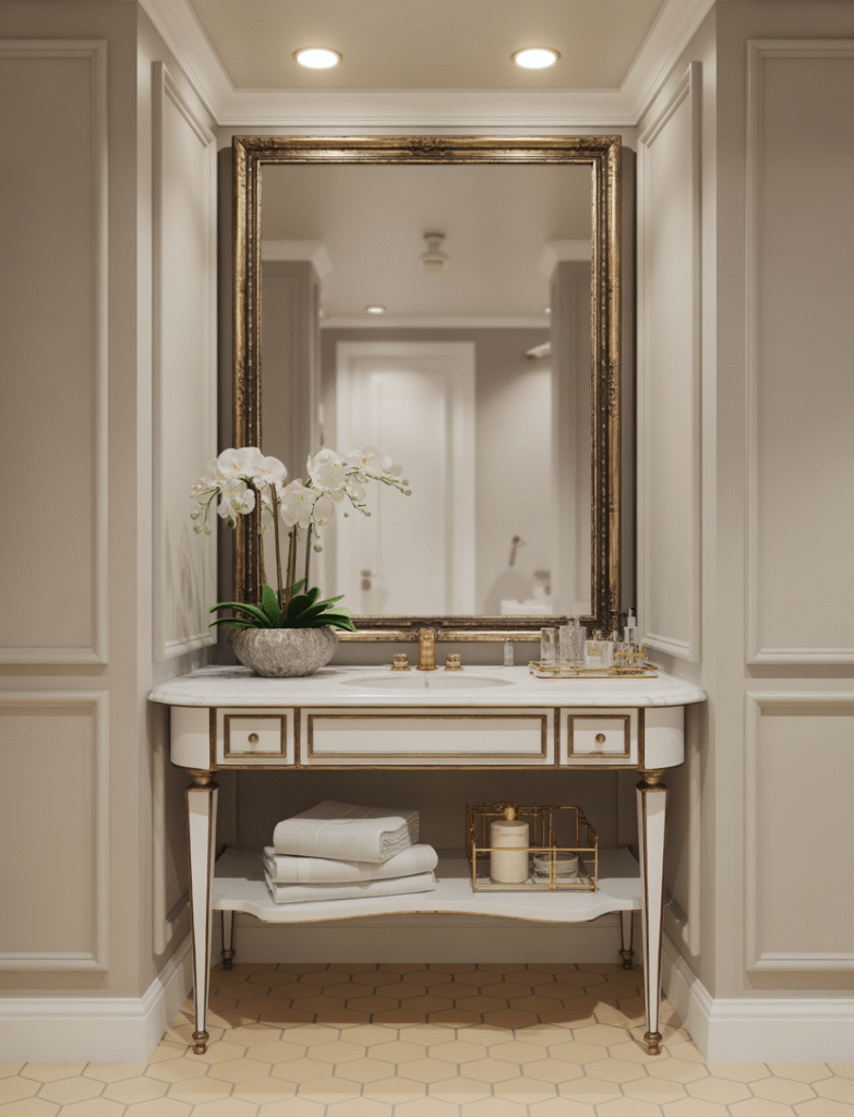 Bathroom with a marble-top makeup vanity table, styled with elegant organizers, a decorative mirror, and soft lighting, offering a glamorous touch.