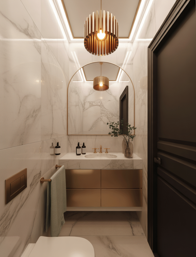 Small powder room with marble floor-to-ceiling walls, accented with gold fixtures, a statement pendant light, and a dramatic mirror to create a jewel-box effect.