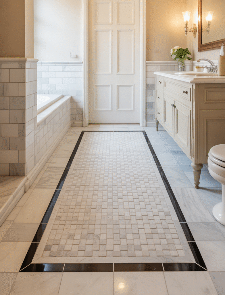 Bathroom with a marble floor border, using contrasting marble or tile to create a custom, designer touch, while keeping the center floor neutral or lightly textured.