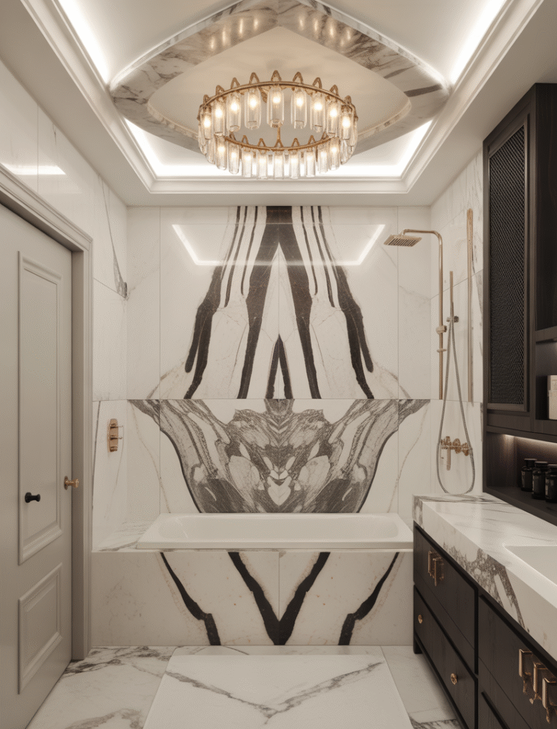 Bathroom with marble panels or tiles installed on the ceiling above the tub or shower, accentuating the dramatic veining in the stone with recessed lighting or a chandelier.
