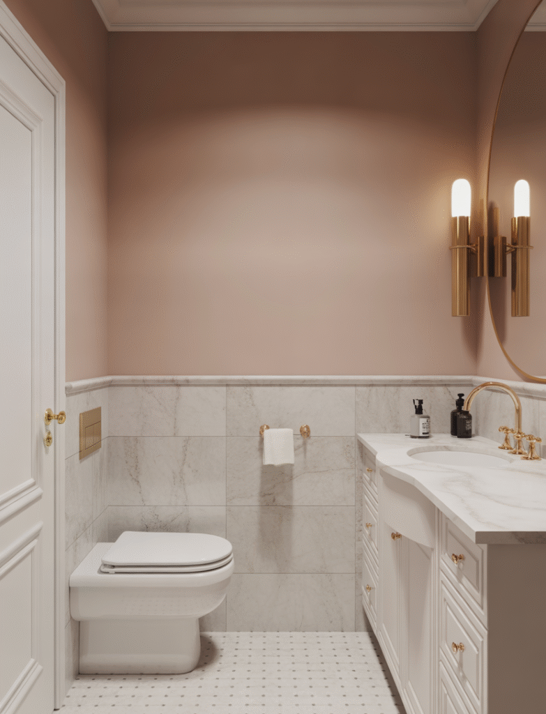 Bathroom with marble wainscoting installed halfway up the walls, paired with soft paint colors like powder blue or warm beige above for a balanced, elegant look.