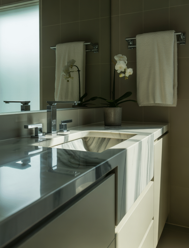 Bathroom with a marble waterfall countertop that extends seamlessly down the sides of the vanity, keeping the focus on the dramatic edge detail.