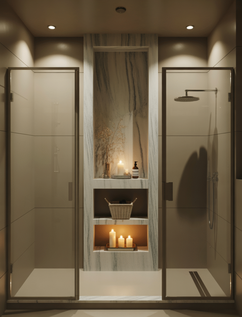 Bathroom with a marble shower niche, creating a polished and elegant built-in storage solution. A contrasting marble tone in the niche makes it pop against the shower walls.