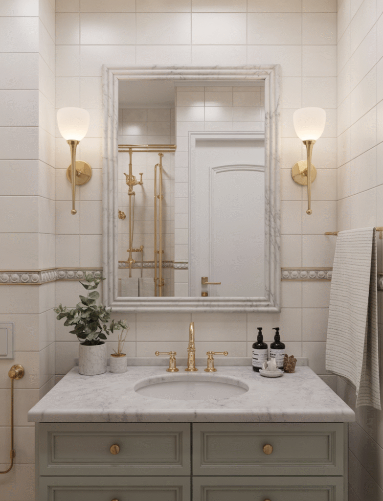 Bathroom with a vanity mirror framed with thin marble trim that coordinates with the marble countertop and backsplash, creating a cohesive, custom feel.