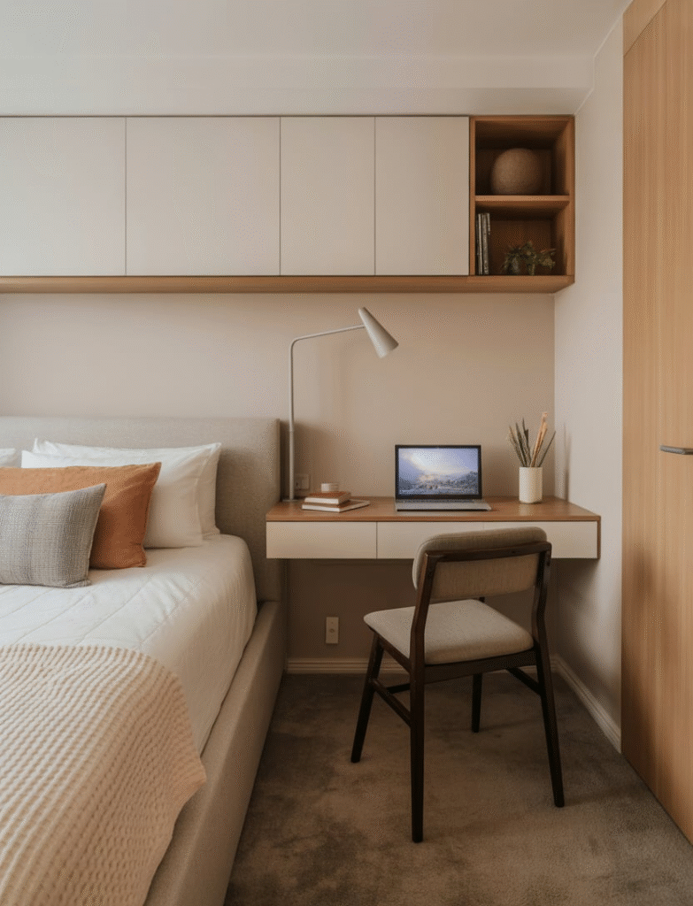 Compact bedroom with a narrow desk placed against the wall or at the foot of the bed, leaving ample space for the bed and other furniture while providing a dedicated work zone.