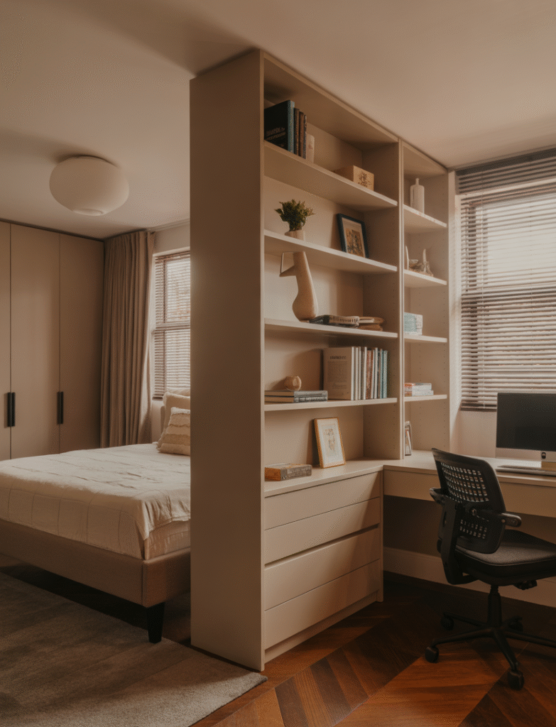 Bedroom with a tall bookshelf placed between the bed and desk, serving as a room divider. Open shelving allows light to pass through while offering storage and display space.