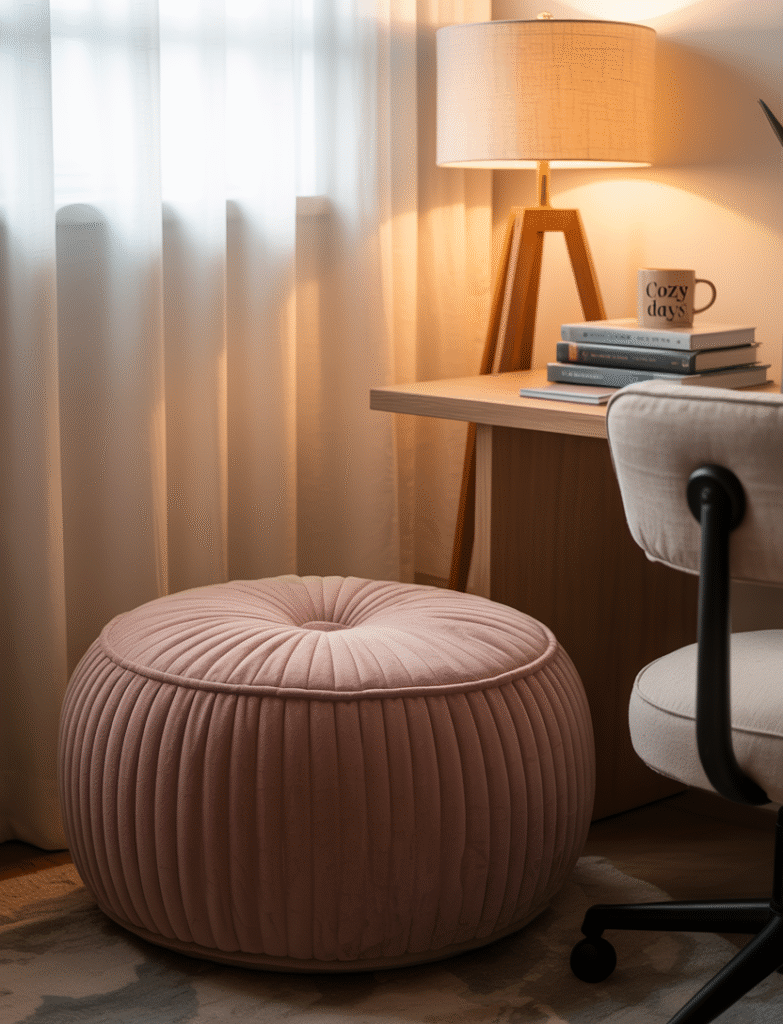 Pink pouf placed under a desk or in a reading corner, used as cozy extra seating in a soft, feminine space.
