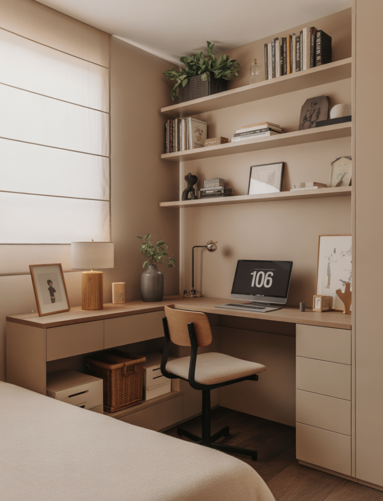 Cozy corner of a bedroom converted into a mini office with a small desk and chair. Floating shelves above provide extra storage and style for the workspace.