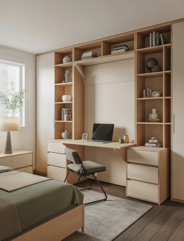 Bedroom with a Murphy desk that folds down when needed and hides away when not in use, keeping the room clutter-free and multifunctional.
