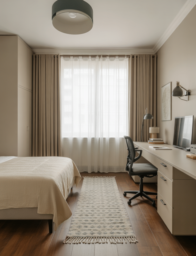 Bedroom with a desk placed at the foot of the bed, creating separation between the work and sleep areas. A runner rug ties the two zones together visually.