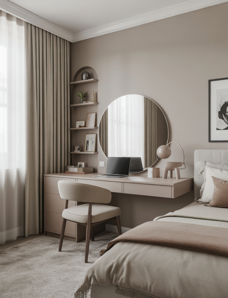 Bedroom with a sleek desk that doubles as a vanity, complete with a mirror above. The desk is kept neat by tucking office clutter away in drawers.