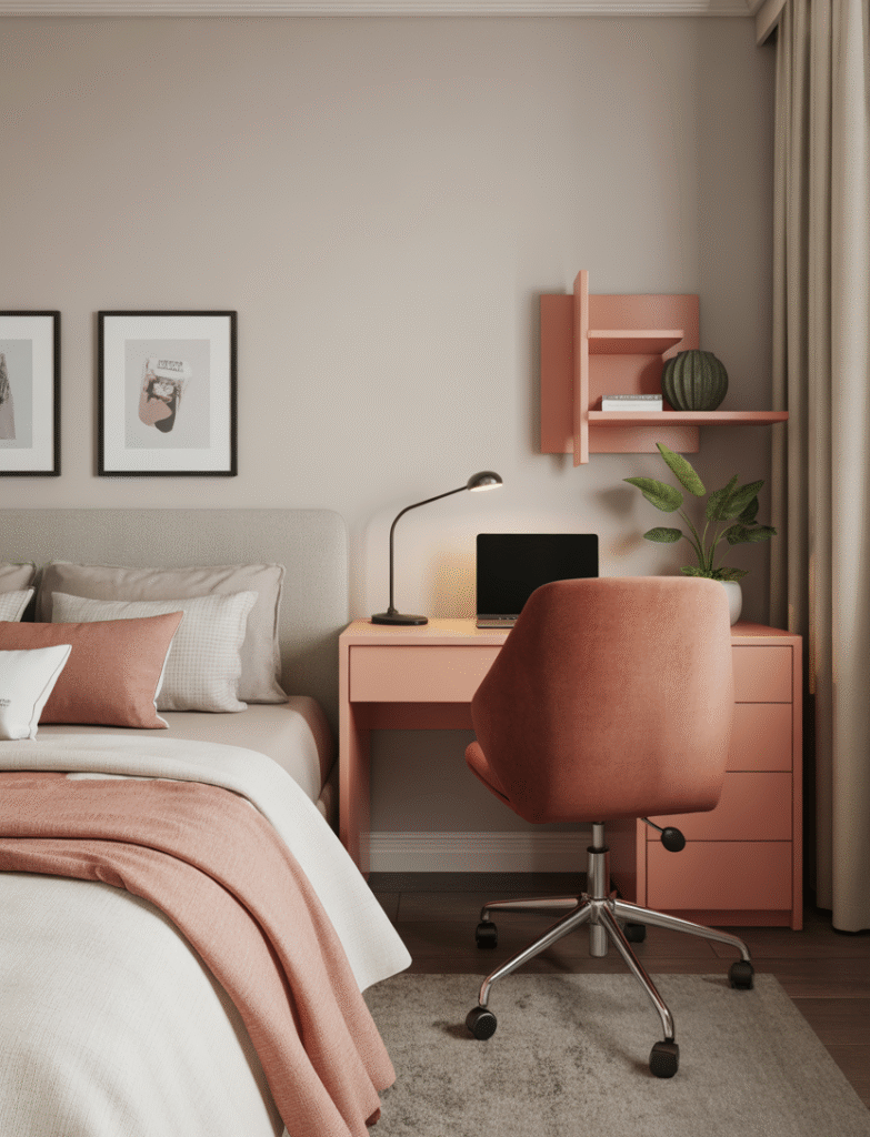 Bedroom with a colorful and stylish desk chair that complements the bedding and decor. The chair adds personality and makes the workspace feel intentional.