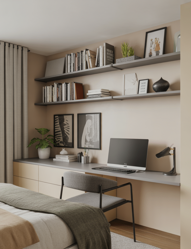 Bedroom with floating shelves above the desk, providing storage for books, office supplies, and decorative pieces. The shelves add both practicality and style to the workspace.