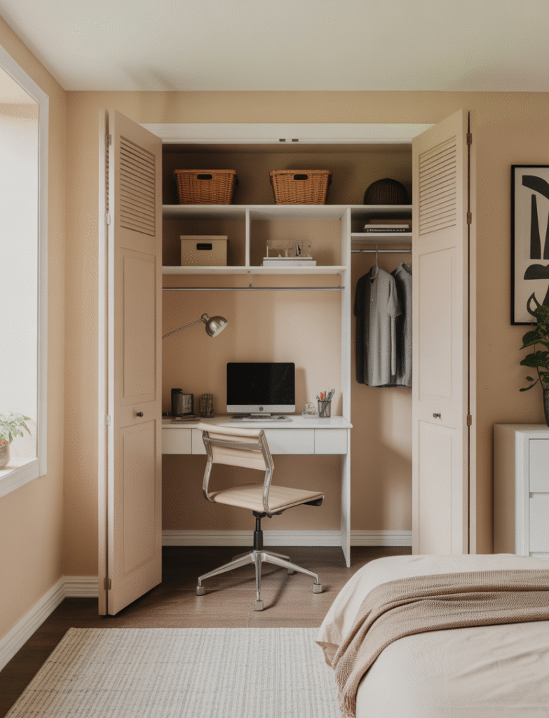 Bedroom with a converted closet turned into a mini office. The closet doors are removed, and a small desk is added, offering a hidden workspace when not in use.
