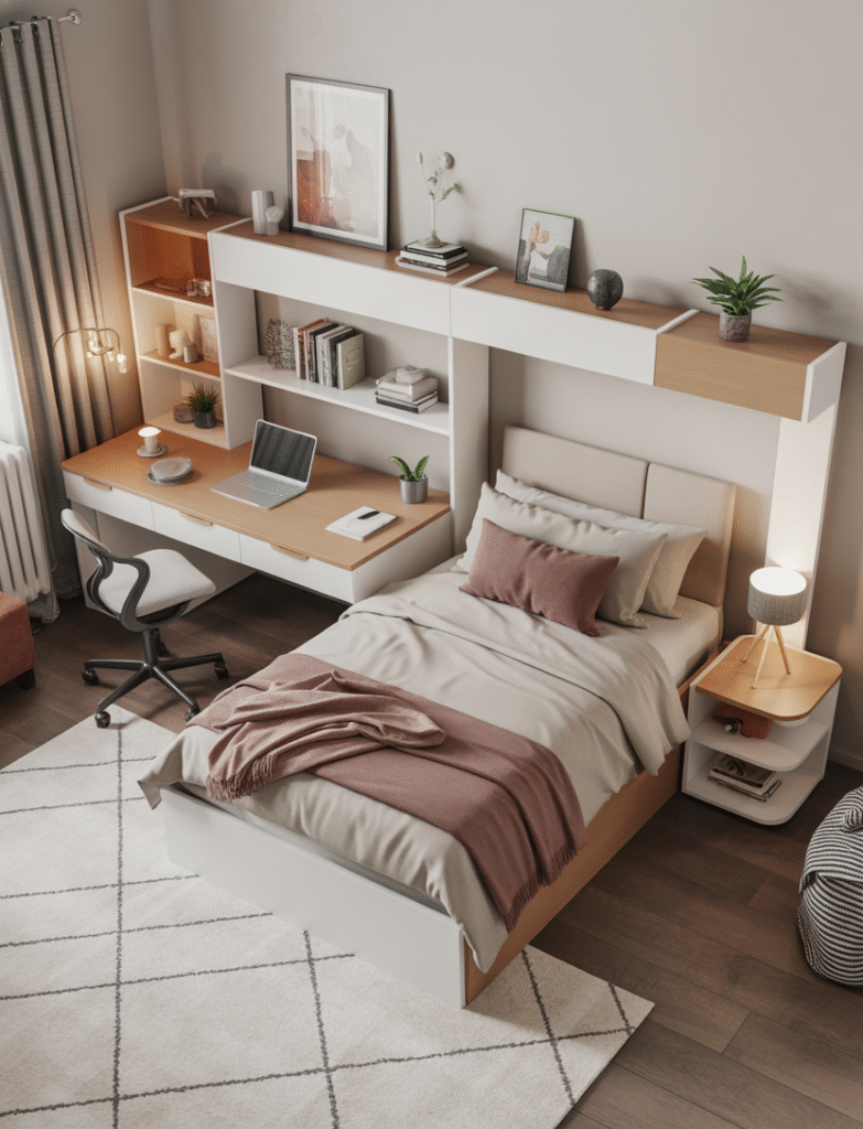 Bedroom with multi-functional furniture, such as a desk with built-in shelves or a lift-top table, helping to keep the room organized and reduce clutter.