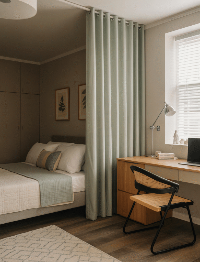 Bedroom with a curtain hung between the bed and desk, creating separation and privacy. The curtain fabric complements the bedding for a cohesive look.