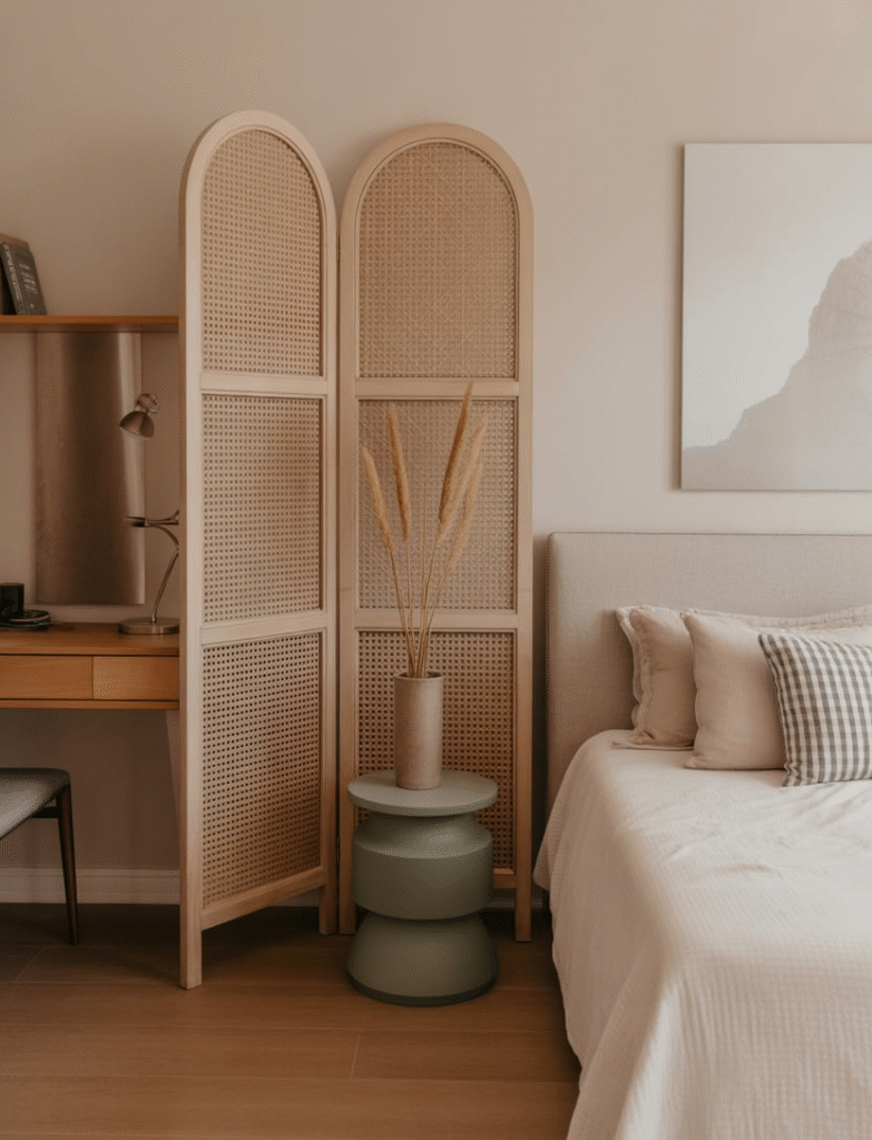 Bedroom with a decorative folding screen placed between the bed and desk, offering a flexible divider that can be easily moved or tucked away when needed.