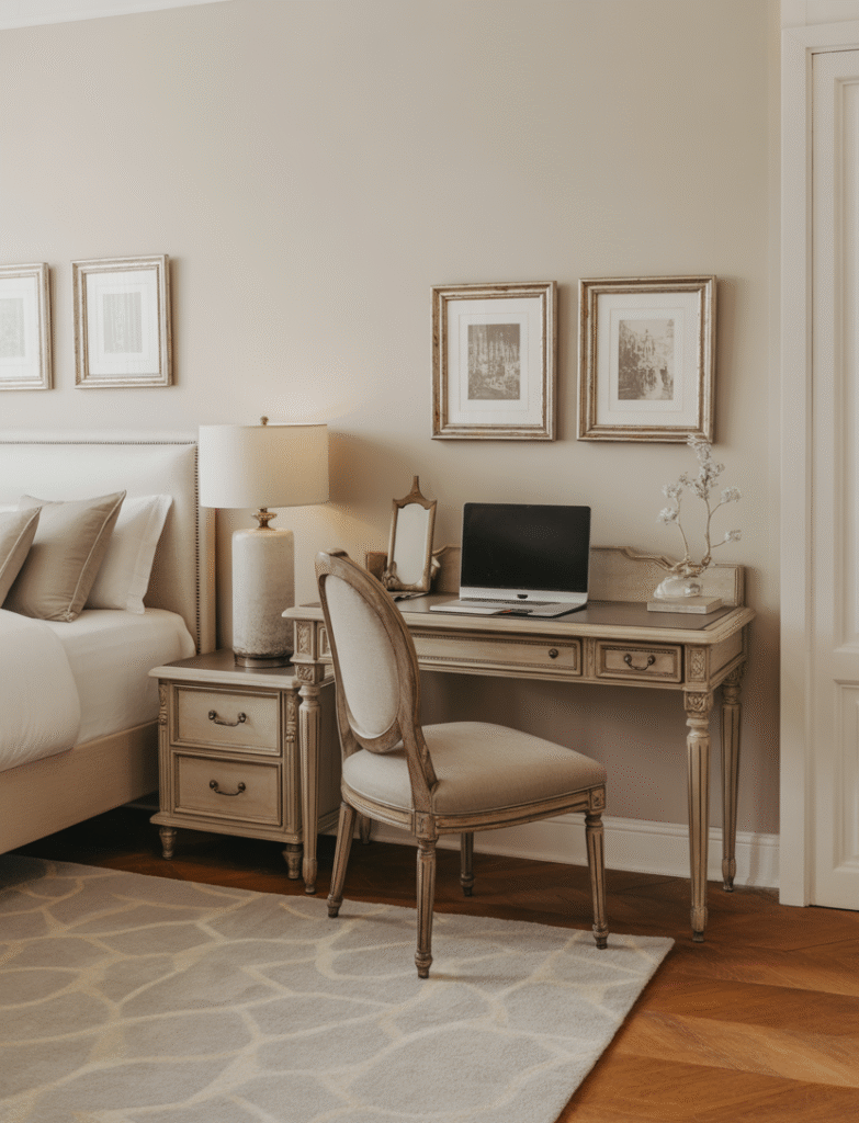 Bedroom with a desk that matches the finish of the bedroom furniture, creating a cohesive and elegant look. Matching hardware or lamps tie the room together.