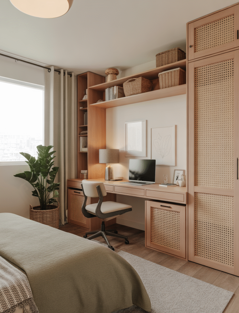 Bedroom with natural elements like wood tones, woven baskets, and greenery, making the office corner warm and welcoming while softening the transition between work and rest areas.