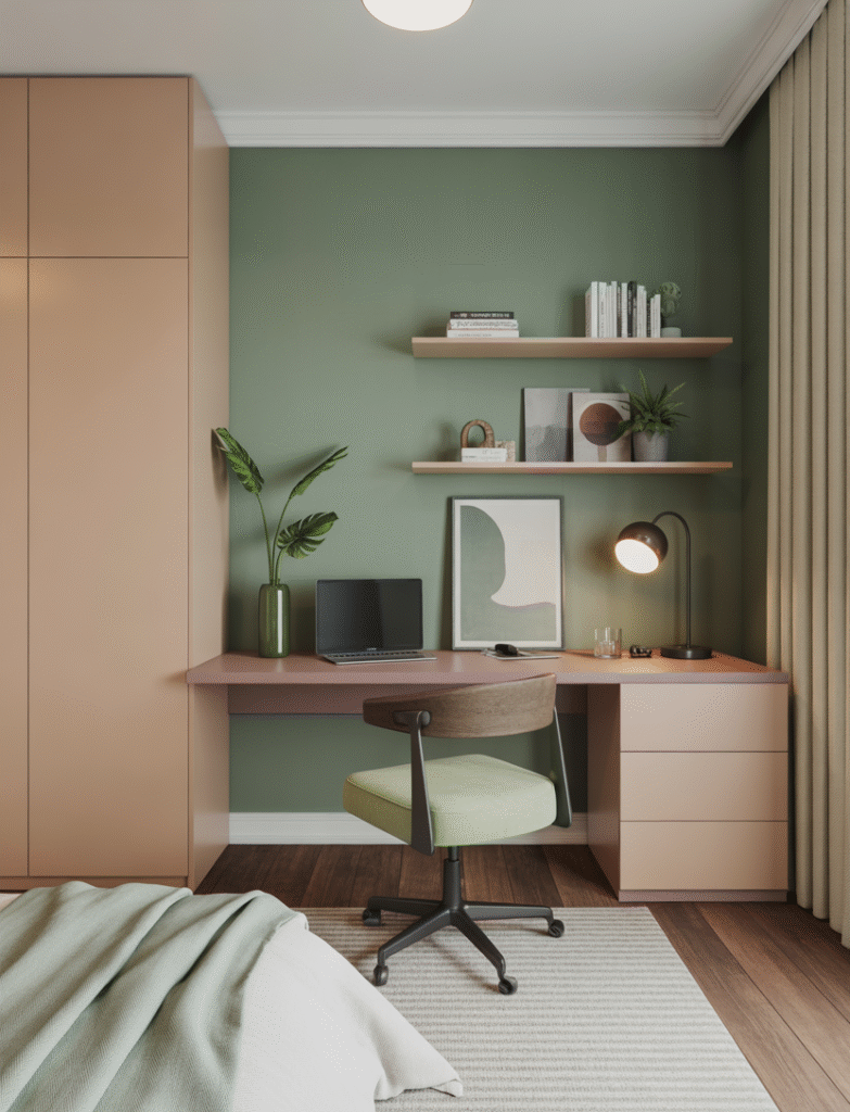 Bedroom with a painted accent wall behind the desk in a calming or energizing color, such as muted green or soft blue, defining the workspace without physical dividers.