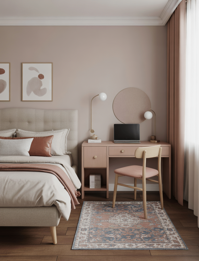 Bedroom with a small area rug under the desk, grounding the workspace visually and adding softness underfoot. The rug complements the bedding and decor.