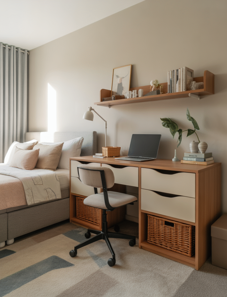 Bedroom with a desk that features drawers or baskets underneath to store work supplies and minimize clutter, keeping the space organized and clutter-free.
