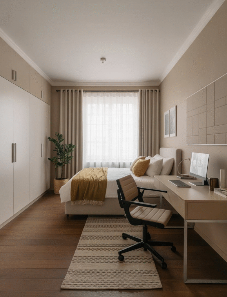 Bedroom with a minimalist desk setup, featuring only the essentials: a computer, lamp, and a small plant or piece of art, creating a clean, focused workspace.