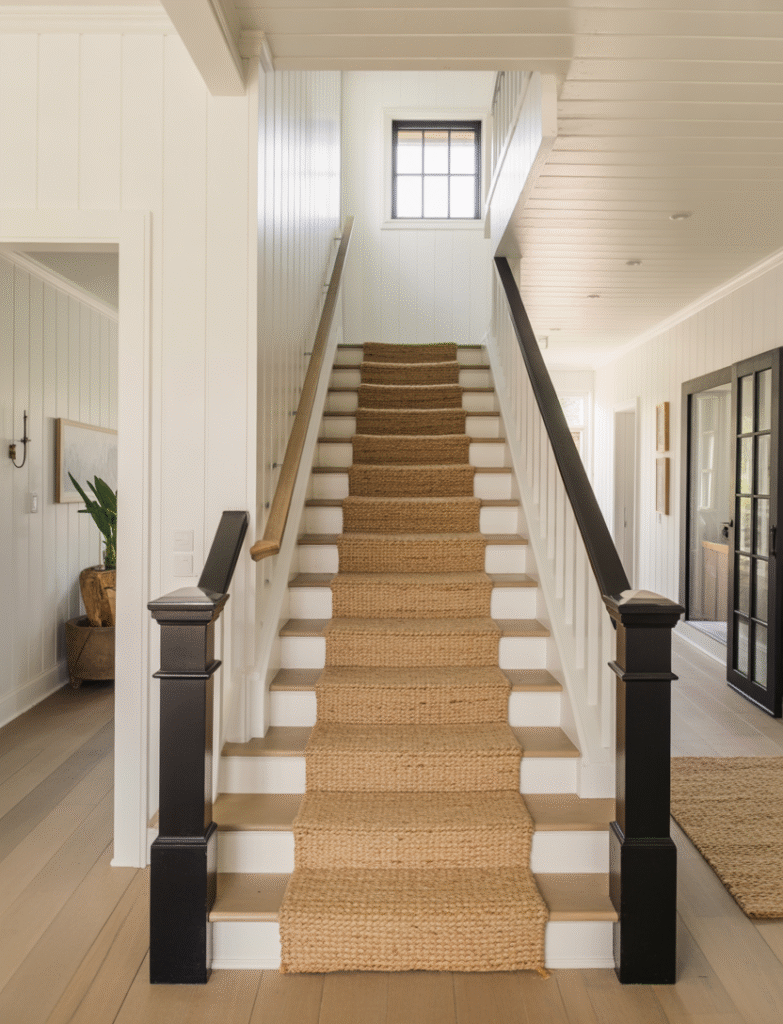 As a part of board and batten staircase ideas this picture shows staircase with crisp white board and batten walls, paired with black railings, light wood steps, and a jute stair runner, creating a bright, airy, and modern farmhouse-inspired look.