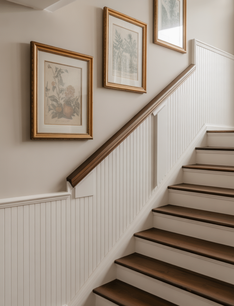 Staircase with board and batten installed halfway up the walls, topped with a chair rail. Framed botanical prints or classic landscape paintings are hung above, adding subtle elegance to the space.