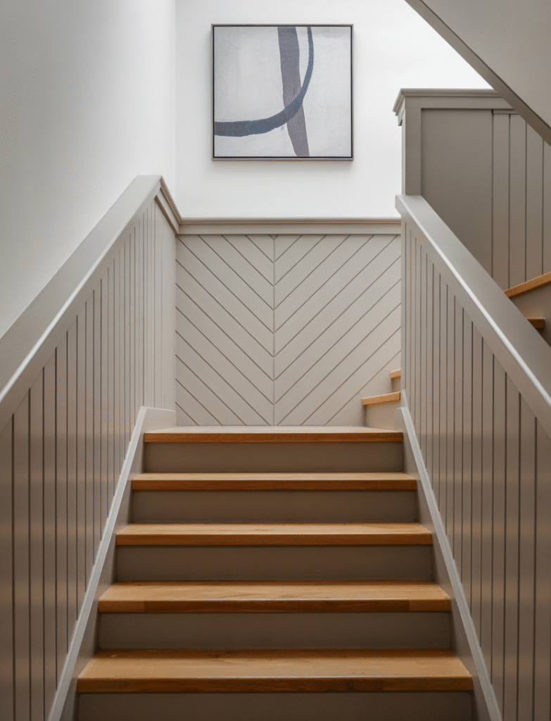 Staircase with diagonal or chevron board and batten patterns, creating movement and a contemporary twist. Light gray or taupe color complements abstract art above the stairs for a modern feel.