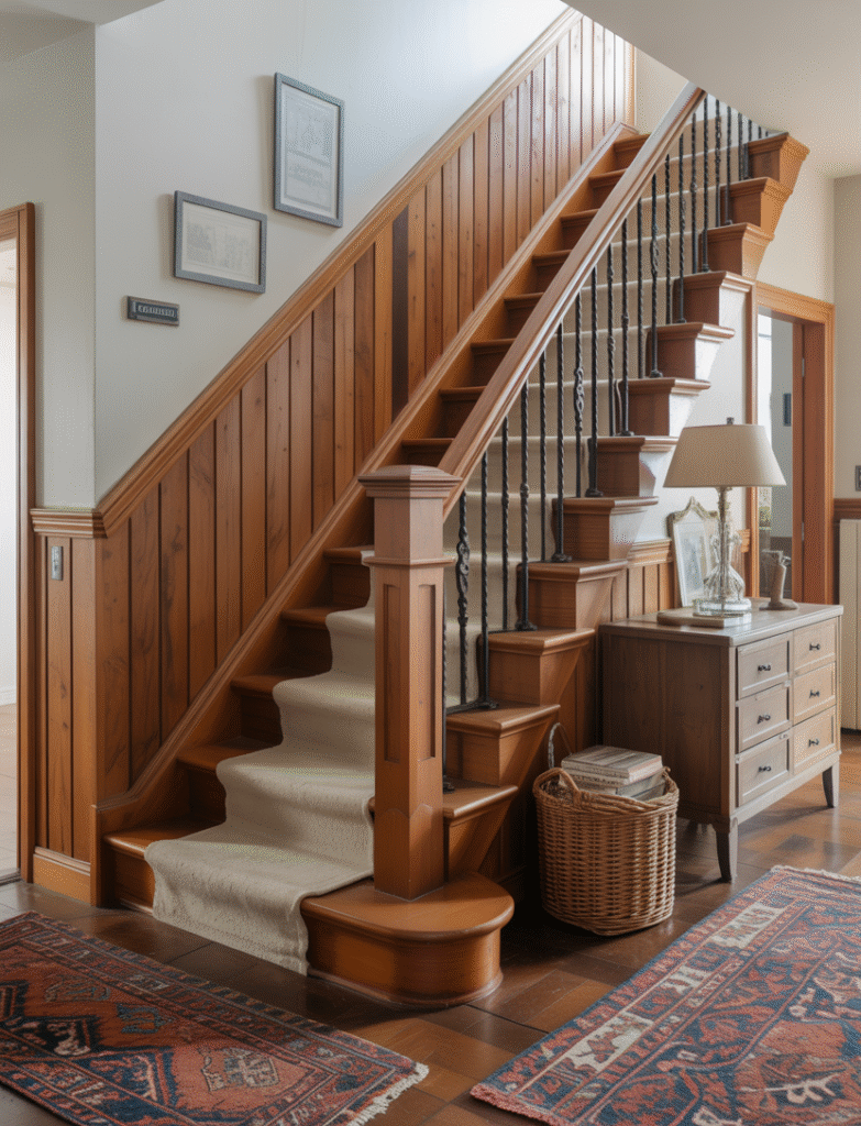 Staircase with stained wood board and batten paneling, offering rustic charm and warmth. Vintage rugs and wrought iron railings enhance the cozy, farmhouse-inspired atmosphere.