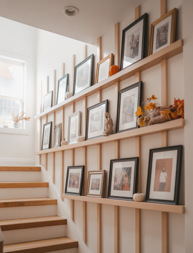 Staircase with slim built-in ledges between battens, showcasing family photos, art, or seasonal decorations. The ledges feature matte black or natural wood frames for a cohesive gallery wall effect.