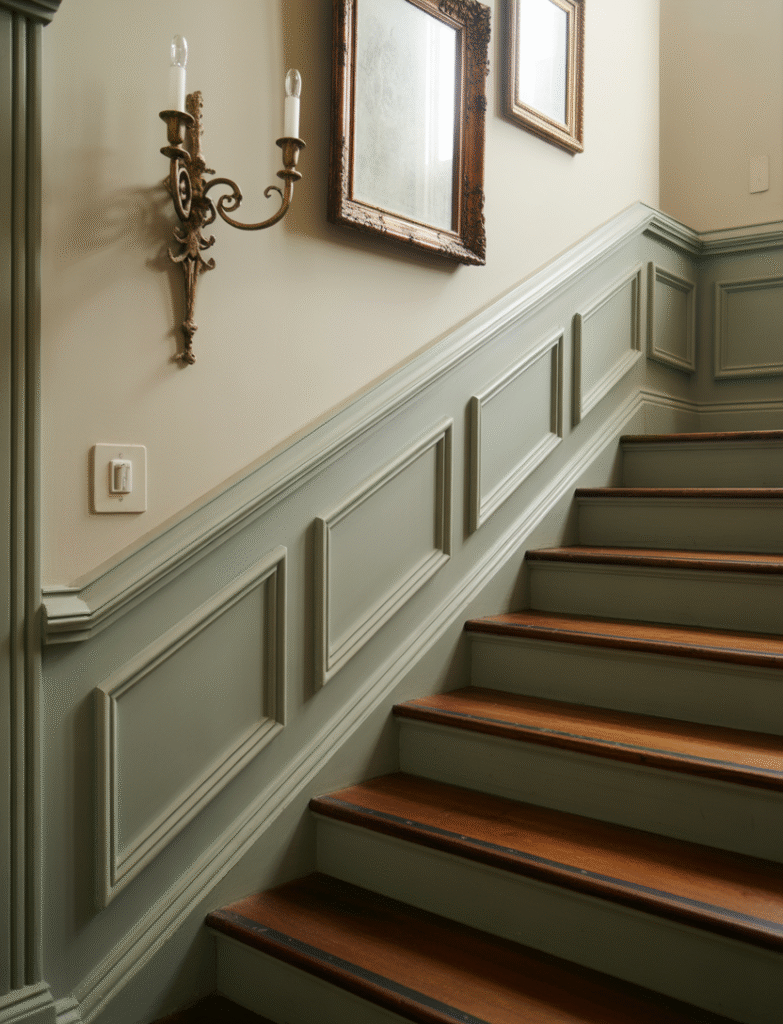 Staircase with horizontal trim pieces forming square or rectangular panels in the board and batten design, giving a timeless, elegant look. Antique mirrors, ornate sconces, and rich wood stair treads enhance the design.